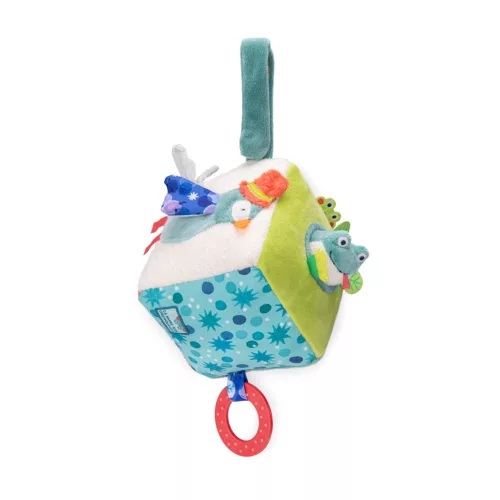 Moulin Roty - Békák a tavon - Fellógatható készségfejlesztőplüss  kocka  (15 cm)