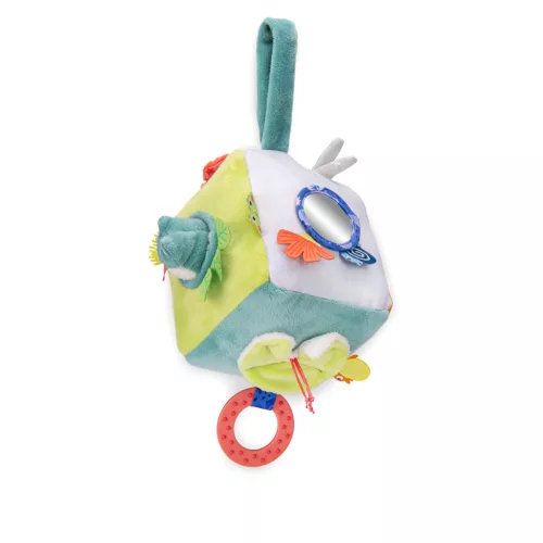 Moulin Roty - Békák a tavon - Fellógatható készségfejlesztőplüss  kocka  (15 cm)