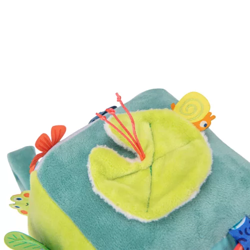 Moulin Roty - Békák a tavon - Fellógatható készségfejlesztőplüss  kocka  (15 cm)