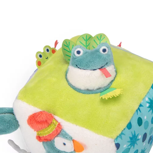 Moulin Roty - Békák a tavon - Fellógatható készségfejlesztőplüss  kocka  (15 cm)