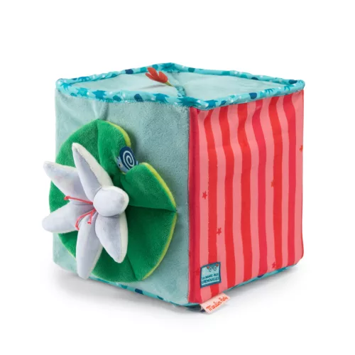 Moulin Roty - Békák a tavon - Készségfejlesztő plüss kocka 5 db plüss figurával (18 cm)