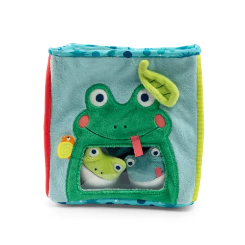 Moulin Roty - Békák a tavon - Készségfejlesztő plüss kocka 5 db plüss figurával (18 cm)
