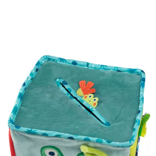 Moulin Roty - Békák a tavon - Készségfejlesztő plüss kocka 5 db plüss figurával (18 cm)