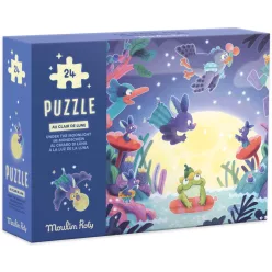   Moulin Roty - Békák a tavon - sötétben világító kirakó, foszforeszkáló puzzle - Holdfény (24 db-os)