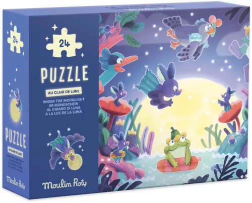 Moulin Roty - Békák a tavon - sötétben világító kirakó, foszforeszkáló puzzle - Holdfény (24 db-os)