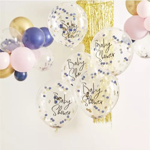 Babaváró lufi (5 db) - "Baby Shower" - Konfettis - sötétkék-arany