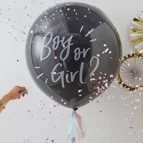 Babaváró konfetti lufi - "Boy or Girl?" - fekete
