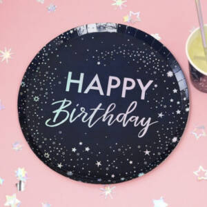 Party papírtányér (8 db) - "Happy Birthday" - fekete, ezüst