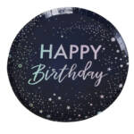Party papírtányér (8 db) - "Happy Birthday" - fekete, ezüst